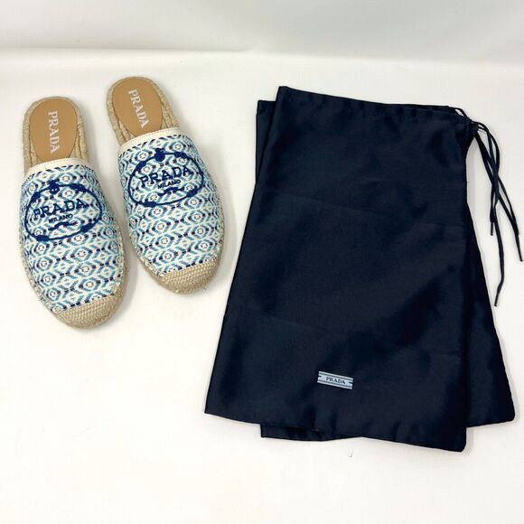 Prada Nastro Jacquard Blue White Embroidered Logo Espadrilles Flats Slippers - Picture 10 of 11